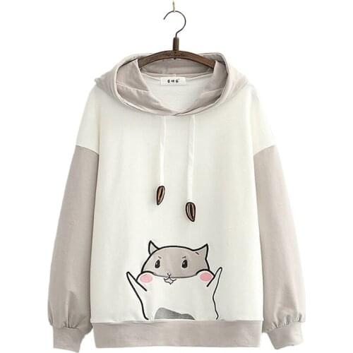 2020 Autumn New Womens Harajuku Cute Thin Hoodies Sweatshirt Hamster Embroidery Hooded Long Sleeve Student Casual Pullovers