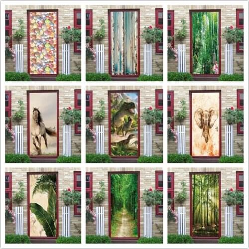 Print Art Picture 3D Door Sticker DIY Animal Green Plant Wallpaper Home Decor Decals Self Adhesive Waterproof Mural For Bedroom