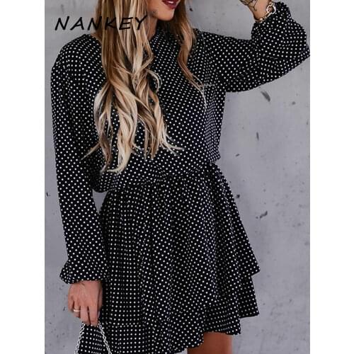 NANKEY 2021 Autumn Women Long Sleeve Fashion Dots Dress O Neck Leisure Beach Party Style A-line Layered Dress