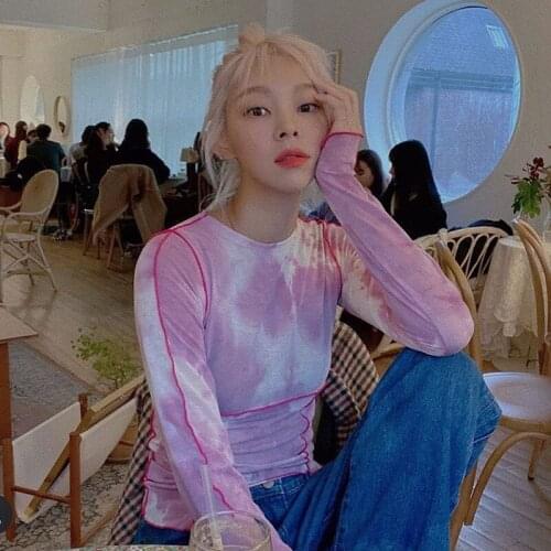 Spring Summer Women Fashion Tie Dye Printed Fitness Long Sleeve Shirts Sexy Pathwork Tops Tees Party Holiday Clubwear INS Style