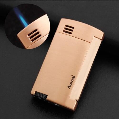 Wire-drawing style inflatable windproof lighter pressure ignition creative metal portable jet blue flame cigarette lighter