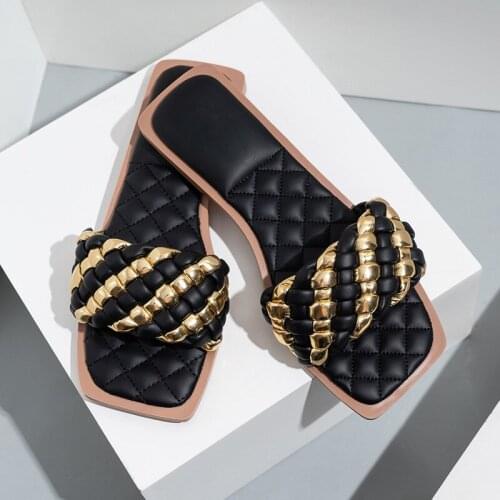 New Summer Slides Women Slippers Slip On Slides Square Toe Casual Shoes Woman Bling Weave Shoes Ladies Hot Fashion Sandals 2021