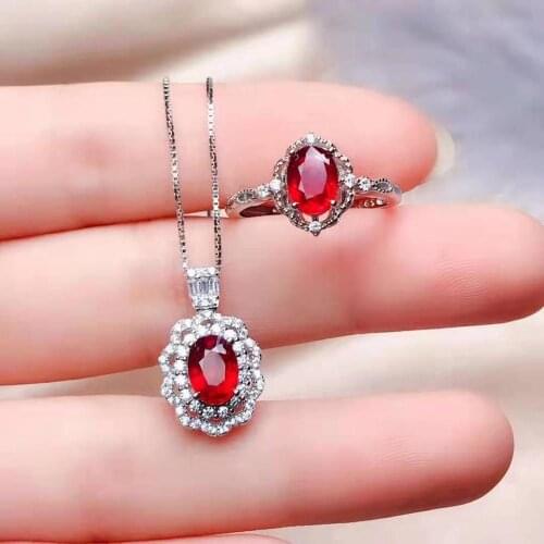 Jewelry set Natural Ruby Necklace Ring sets Women Jewelry 5x7mm
