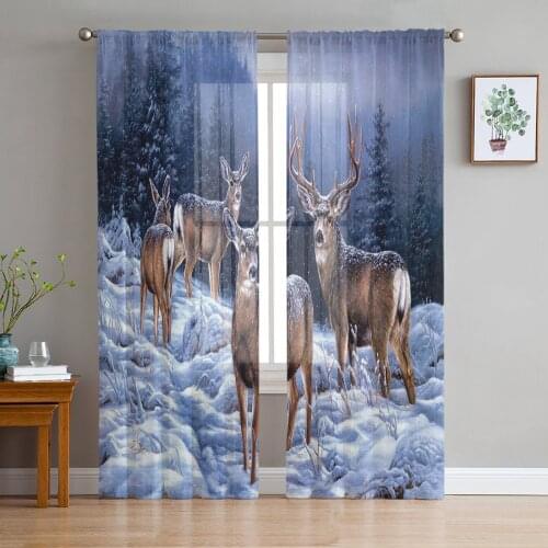 Elk Winter Snow Forest Window Curtains for Living Room Kitchen Door Curtain Sheer Curtains for Bedroom