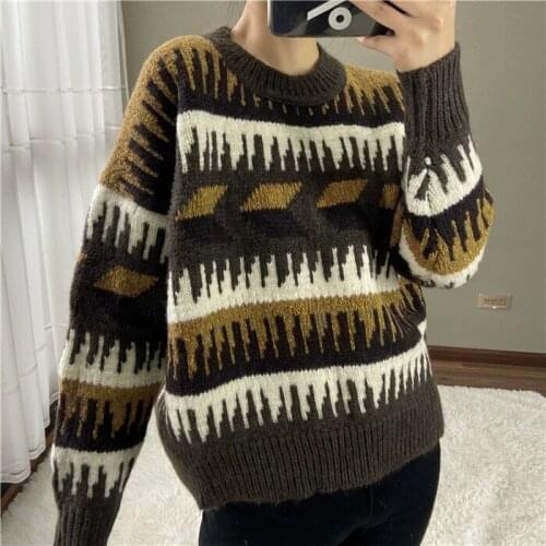 Women Contrast Geometric Pattern O Neckline Wool Blend Sweater Jumper - Ladies Fall/Winter Knit Long Sleeve Pullover Top