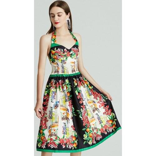 V-Neck Halter Backless Women Sexy Beach Dress 2021 Summer Runway Floral Print High Elastic Waist Party Vestidos