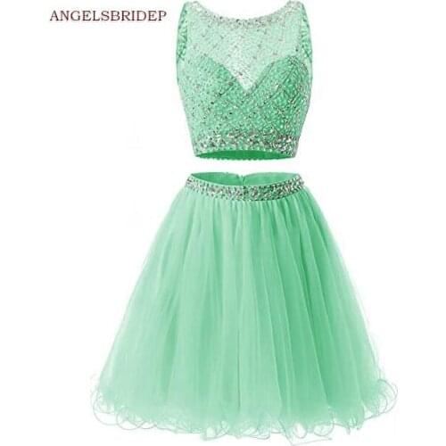 ANGELSBRIDEP Two Pieces Short Prom Dresses Vintage Scoop Beaded Sparkly Tulle Cocktail Graduation Formal Party Gowns