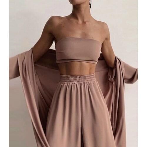 2021 Fashion Pajamas Homewear Women Summer 3 Piece Set Spring Autumn Cardigan Top Wide Leg Pants Suit Sexy Casual Soft Home Suit