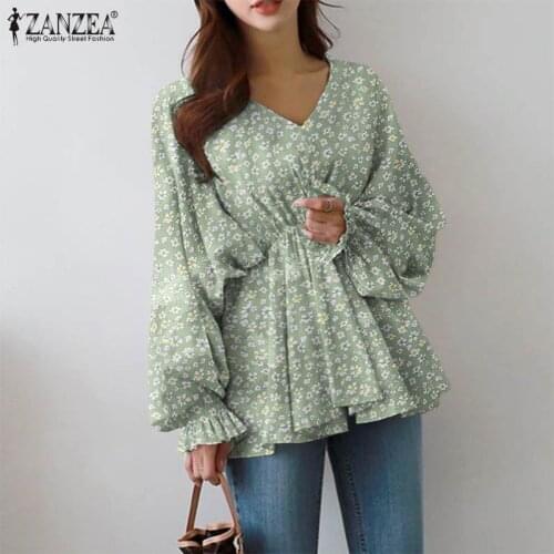 2021 ZANZEA Spring Puff Sleeve Tops Womens Bohemian Floral Printed Blouses Female Casual V neck Blusas Chemise Oversized Tunic