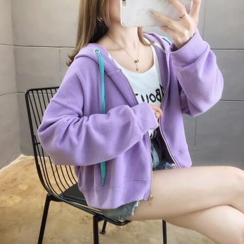 #7055 Harajuku Loose Sweatshirt Woman Long Sleeve Casual Sweatshirts Ladies Hoodie Cotton Short Tops Hooded Purple Pink White
