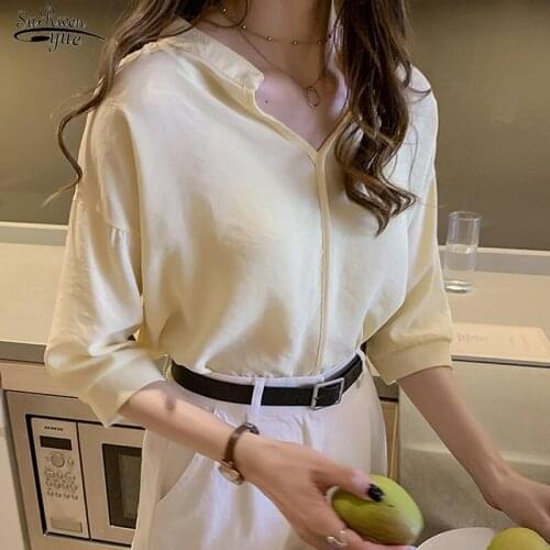 Blusas Casual Women Tops and Blouse Loose V Neck Plus Size Solid Blouse Women 2021 Summer Pullover Chiffon Ladies Tops 9998