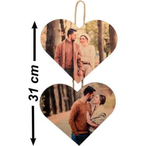 HLO 2021 Personalized Double Heart Wooden Frame 16x19 cm Photo Printed Decorative Gift Idea Trendy Modern Good Price Romantic