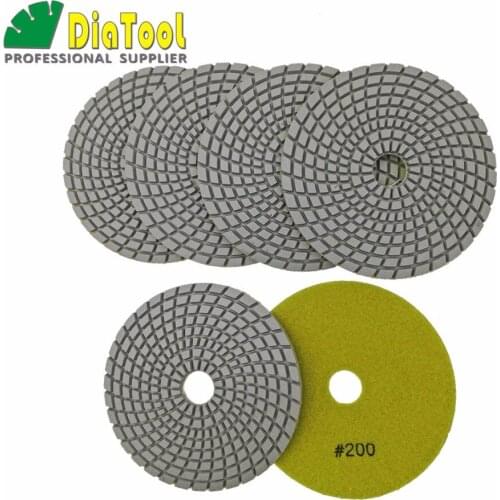DIATOOL 6pcs #200 125MM Diamond Flexible Wet Polishing Pads For Stone, Granite&marble, White Bond, Stone Sanding Discs