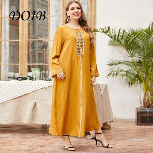 DOIB Women Yellow Emboridery Robe Arabic Muslim Abaya Dubai Dress Moroccan Kaftan Robe 2021 Fall Turkish Islamic Jalabiya