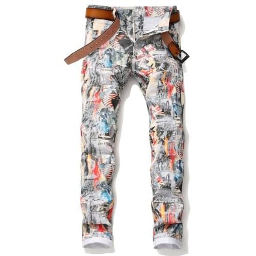 Autumn Mens Printed Jeans Pants Slim Pants Trendy Fashion Pencil Pants Stretch Nightclub Bar Youth Male Streetwear Pants