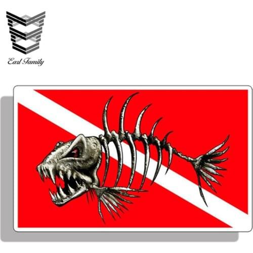 EARLFAMILY 13cm X 8cm Car Styling Skull Bone Fish Diver Down Sticker Scuba Diving Dive Decal Car Truck Laptop Boat Car Stickers