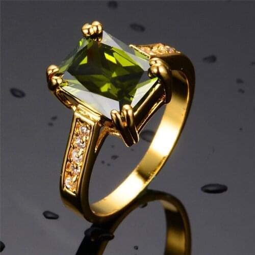 Luxury Female Olive Green Crystal Ring Yellow Gold Thin Wedding Rings For Women Vintage Square Zircon Stone Engagement Ring
