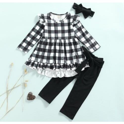 3Pcs Little Girls Outfit, Sweet Style Plaid/Solid Color Lace Splicing Wide Hem Long Sleeve Round Collar Tops + Pants + Headwear