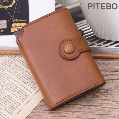 PITEBO Leather Men Aluminum Wallet Back Pocket ID Card holder RFID Blocking Mini Magic Wallet Automatic Credit Card Coin Purse