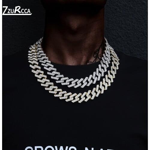 20mm Iced Out Miami Cuban Chain Necklace Paved Rhinestones Bling Hip Hop Gold Color Bracelet Necklaces for Men Choker Collar