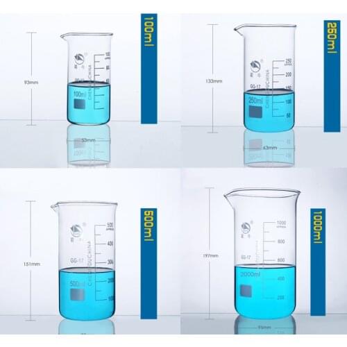 1set (100ml,250,500,1000ml) Borosilicate Graduated Glass Beaker in tall form glass measure cup Beaker Laboratory Equipment