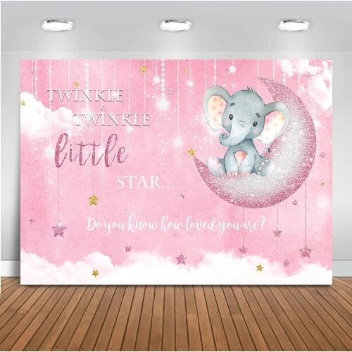 Mocsicka Elephant Baby Girls Backdrop Twinkle Twinkle Little Star Background Baby Shoewr Pink Theme Party Decoration Supplies