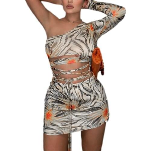 Fashion printed one shoulder long sleeve hollow lace up dress, womens tight diagonal shoulder dress, one printed lace up