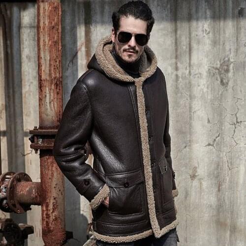Mens Hooded Aviator B3 Sheepskin Shearling Jacket Motorcycle Jacket Travel Casual Coat winter leather jacket Long Style Brown