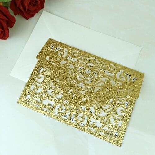 Cordially Inviting- Gold Glitter Pocket Wedding Invitation Full Laser Cut Invitations for Quinceanera Anniversary Greeting Cards