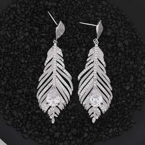Micro Pave Cubic Zirconia Leaf Pendant Earrings Silver Needle White Feather Earring Water Drop Dangle Jewelry Fashion Eardrop