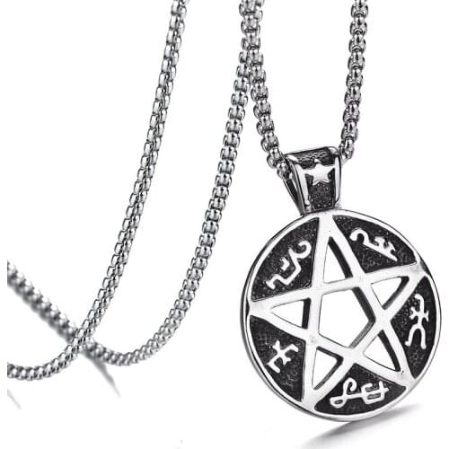 Viking Totem Rune Necklace Round Pentagram Pendant for Men Boy Black Magic Evil Force Religious Necklaces Stainless Steel