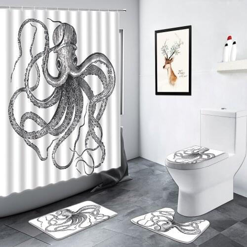 Octopus Shower Curtains Wild Ocean Animals Tentacle Fish Creative Bathroom Decor Carpet Non-slip Door Mat Toilet Bath Mats Sets