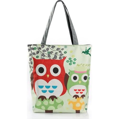 Women Floral Owl Printed Canvas Tote Casual Beach Bag Large Capacity Single Shoulder Bags Shopping Handbag New