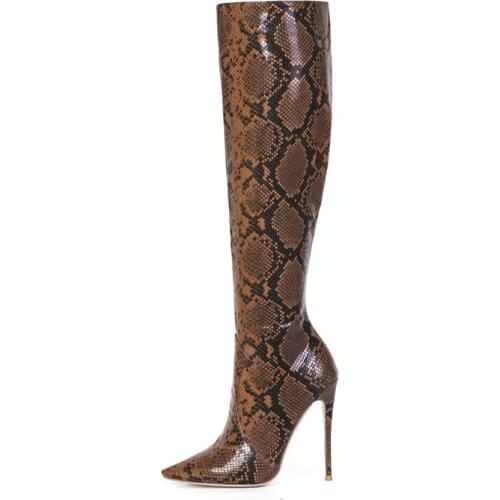 Woman Snakeskin Print Thin High Heel Boots Plus Size Female Knee-High Pointed Toe Boots