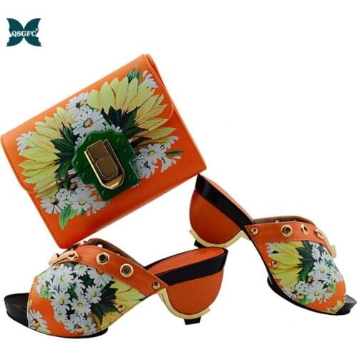 2020 Newest Fashionable Arrival Orange Color Italian design Ladies Shoes with Matching Bags High Heels Shoes for Wedding Party