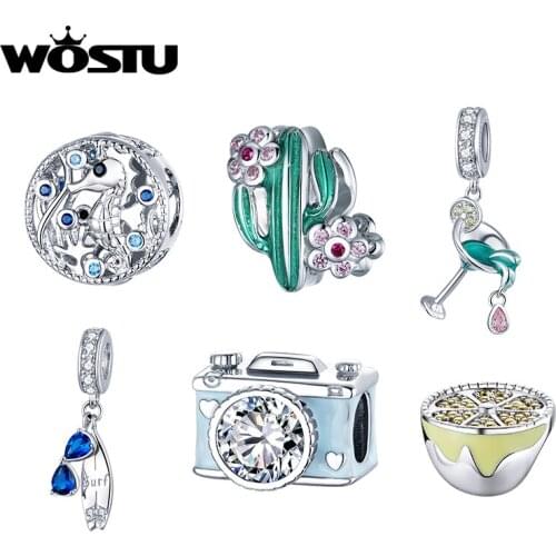 WOSTU Real 925 Sterling Silver Camera Reflections Dazzling Clip Charms Round Crystal Cactus Beads Fit Original Women Bracelet