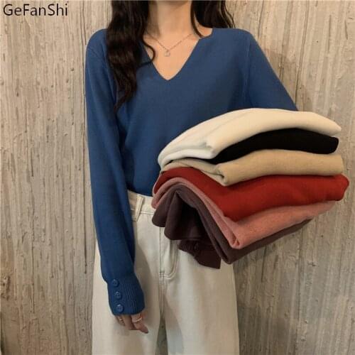 2021 New Autumn Winter Sweater Pullover Solid Female Korean Loose Casual Women Sweaters Elegant V-Neck Knitting Tops