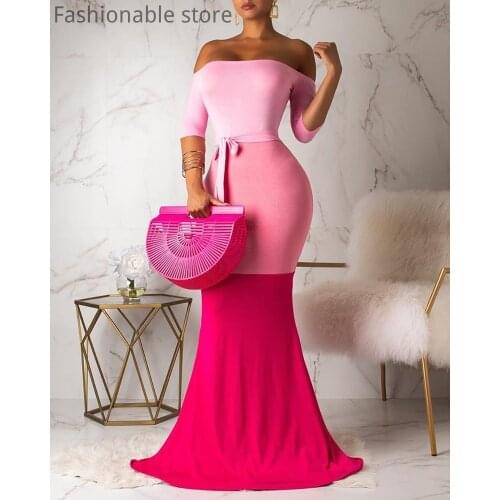 Women Off Shoulder Tie Detail Colorblock Mermaid Dress Backless Short Sleeve Bandeau Maxi Party Dress