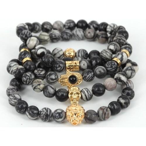 2017 Natural Stone Beads Skull Bracelet for Men Jewelry Spider Web Stone Beaded Men Bracelet Brand Pulseira Masculina Best Gift