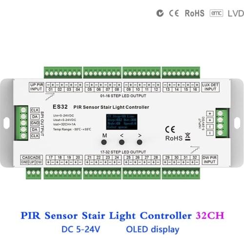32CH Multifunctional PIR Sensor Stair Light LED Controller with Daylight Detection For 5V 12V 24V WS2811 WS2812 2801 5050 Strip
