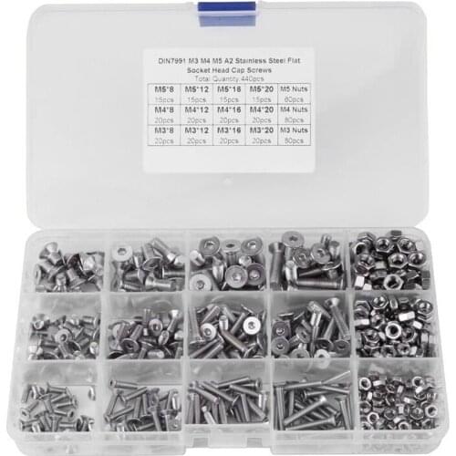 Promotion! 440 Pieces of M3 M4 M5 Hexagon Head Screws and Hexagon Nuts Hexagon Socket Countersunk Head Stainless Steel Set