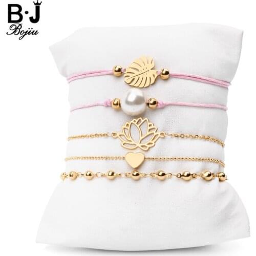 BOJIU Braided Rope Stainless Steel Customized Bracelets Set Women Gold Silvery Heart Flower Leaf Pearl Charm Bracelet BCSET299