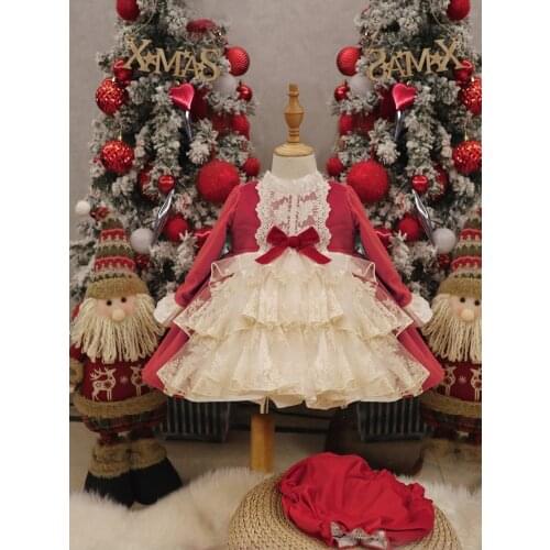 Baby Girl Autumn Winter Red Velvet Palace Vintage Spanish Pompom Ball Princess Lolita Dress for Christmas Birthday