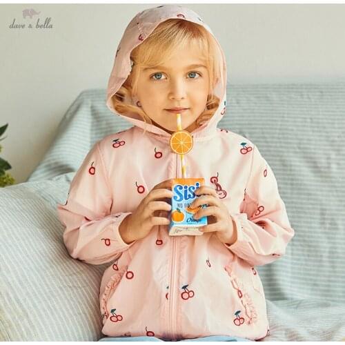 DKY17994 dave bella summer kids girls fashion cherry print 5Y-13Y letter hooded coat casual children tops high quality outerwear