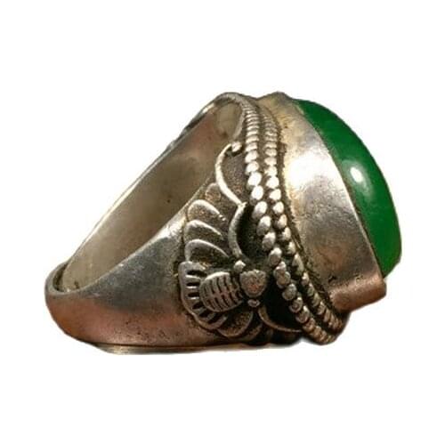 Folk inlaid jade ice seed square movable silver ring head ornament collection