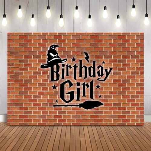 High Magic School Birthday Backdrop Red Brick Girl Children Baby Birthday Decoration Wizard Hat Flying Broom Photo Background