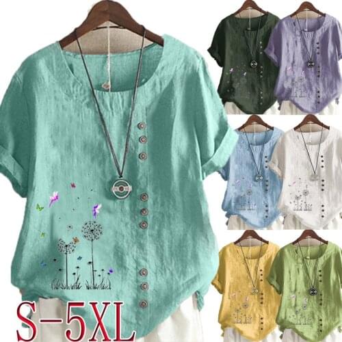 Summer Fashion Womens Casual Dandelion Print Loose T-shirt Retro Cotton and Linen Round Neck Plus Size Short-sleeved Top S-5XL