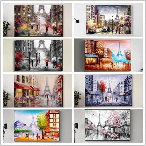 Romantic City Pedestrian Paris Eiffel Tower Landscape Canvas Painting Abstract Posters and Print Wall Art Picture for Home Decor