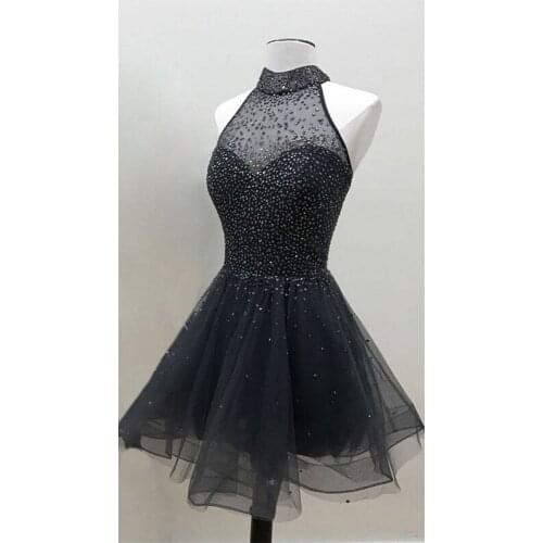 Short Halter Neck Homecoming Dresses 2021 A Line Sleeveless Mini Tulle Luxurious Shining Prom Party Gown with Crystal Summer