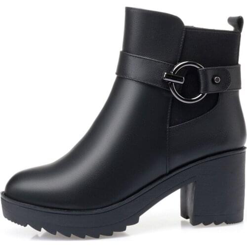 Leather Boots High Heeled Ankle Boots 2021 Womens Mom Shoes Plus Velvet Warm Shoes for Autumn Winter Buckle Womens Shoes